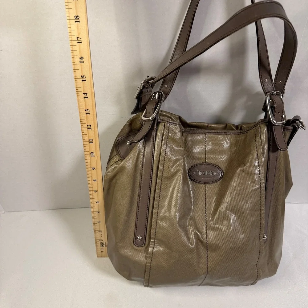 Tod's Shoulder Bag Medium Bronze Coated Canvas Leather Trim Tote + Luxury Hobo